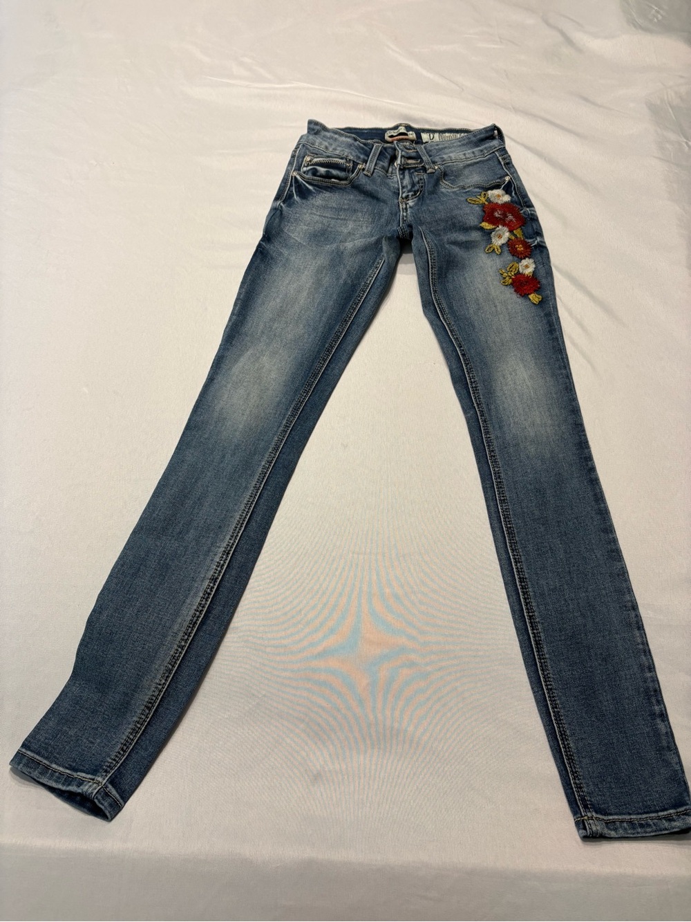 Indigo Rein Blue Skinny Jeans with Red Floral Embroidery